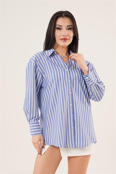 Çift Çizgi Geçişli Düğmeli Mavi Gömlek	