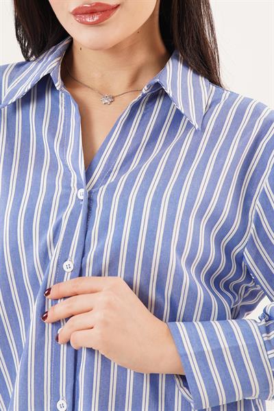 Çift Çizgi Geçişli Düğmeli Mavi Gömlek	