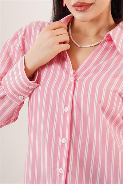 Çift Çizgi Geçişli Düğmeli Pembe Gömlek	