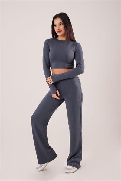 Çizgili Trend Crop Pantolon Antrasit İkili Takım