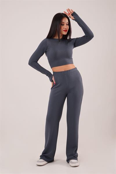Çizgili Trend Crop Pantolon Antrasit İkili Takım