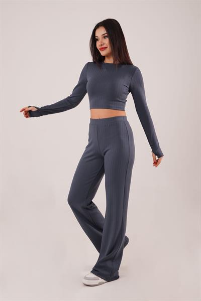Çizgili Trend Crop Pantolon Antrasit İkili Takım
