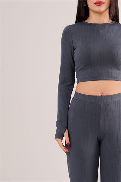 Çizgili Trend Crop Pantolon Antrasit İkili Takım