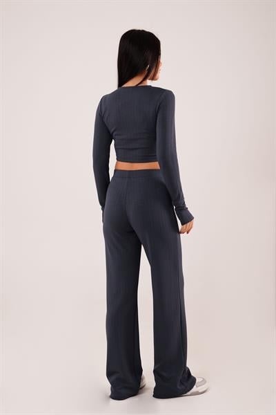 Çizgili Trend Crop Pantolon Antrasit İkili Takım