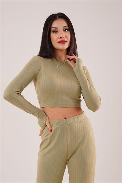 Çizgili Trend Crop Pantolon Haki İkili Takım