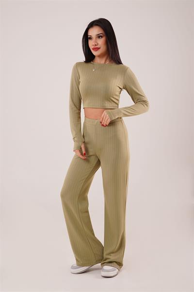Çizgili Trend Crop Pantolon Haki İkili Takım
