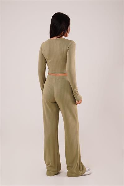 Çizgili Trend Crop Pantolon Haki İkili Takım