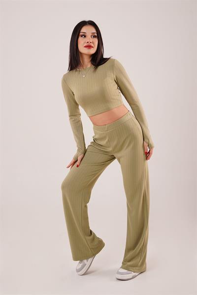 Çizgili Trend Crop Pantolon Haki İkili Takım