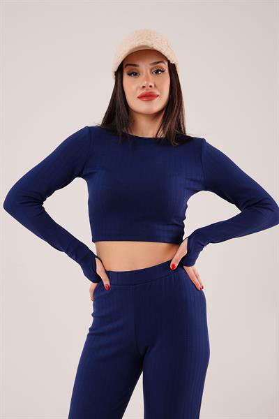 Çizgili Trend Crop Pantolon Lacivert İkili Takım