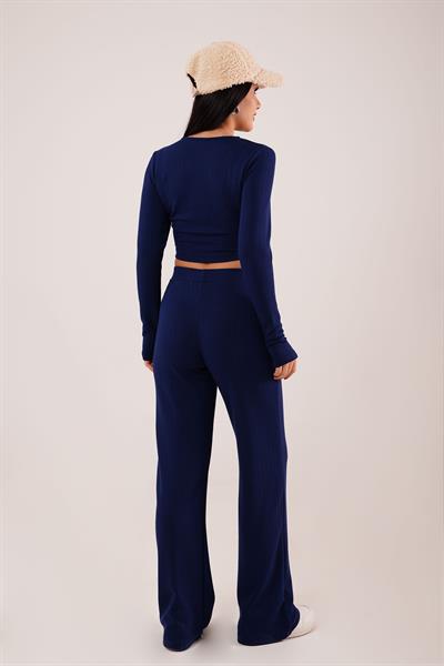 Çizgili Trend Crop Pantolon Lacivert İkili Takım
