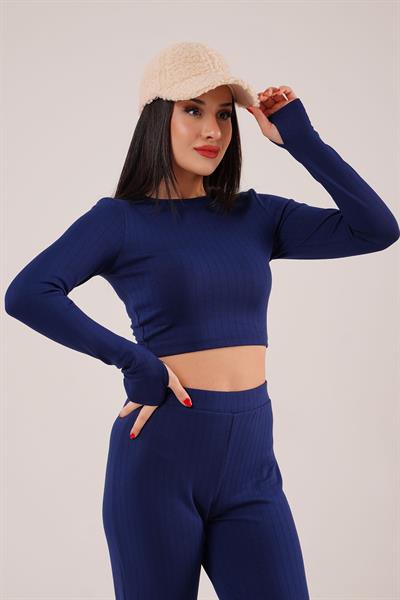 Çizgili Trend Crop Pantolon Lacivert İkili Takım