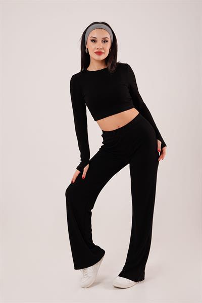 Çizgili Trend Crop Pantolon Siyah İkili Takım