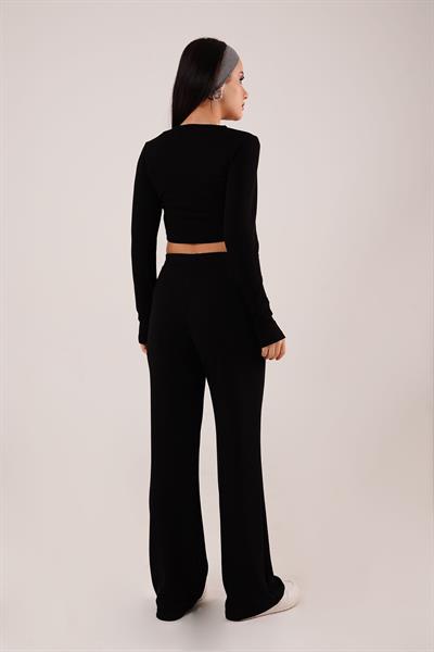 Çizgili Trend Crop Pantolon Siyah İkili Takım