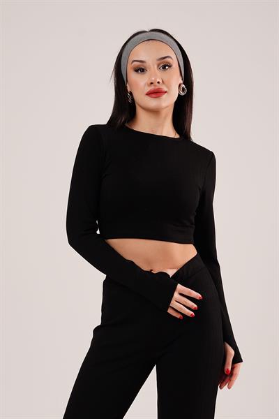 Çizgili Trend Crop Pantolon Siyah İkili Takım