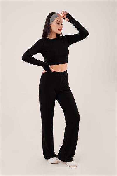 Çizgili Trend Crop Pantolon Siyah İkili Takım
