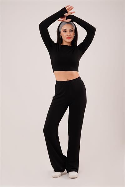 Çizgili Trend Crop Pantolon Siyah İkili Takım
