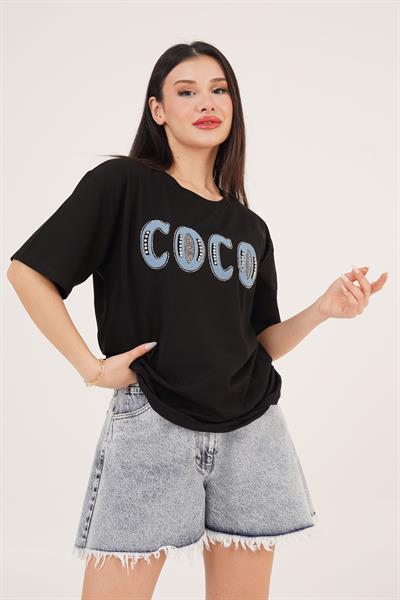 Coco Yazı Detaylı Taş İşlemeli Siyah Tişört