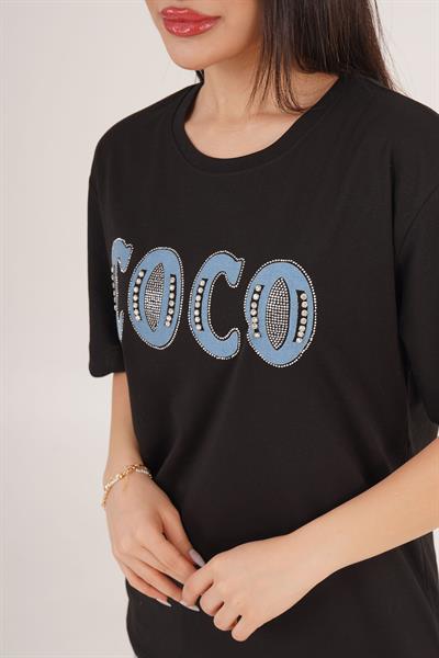 Coco Yazı Detaylı Taş İşlemeli Siyah Tişört