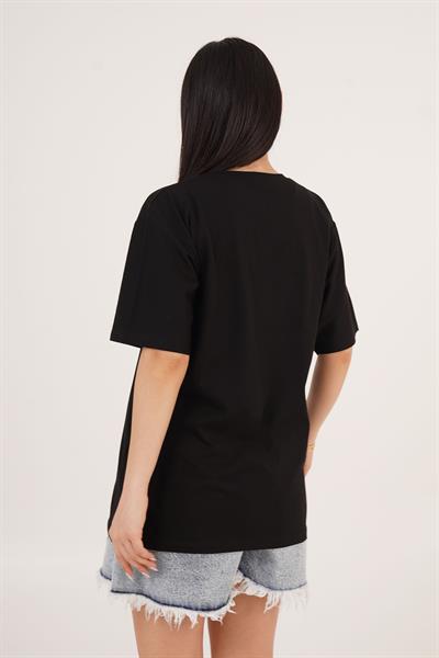 Coco Yazı Detaylı Taş İşlemeli Siyah Tişört