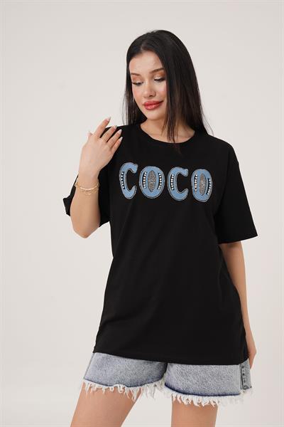 Coco Yazı Detaylı Taş İşlemeli Siyah Tişört