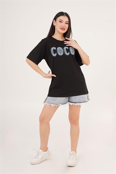 Coco Yazı Detaylı Taş İşlemeli Siyah Tişört