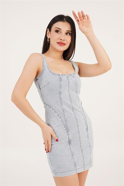 Comford Askılı Açık Mavi Mini Kot Elbise