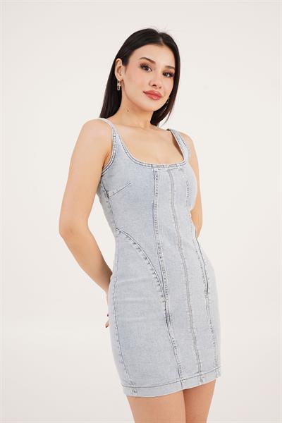 Comford Askılı Açık Mavi Mini Kot Elbise