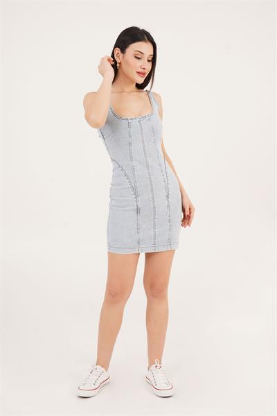 Comford Askılı Açık Mavi Mini Kot Elbise