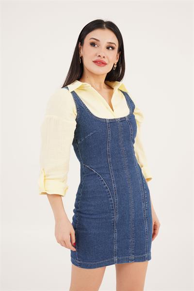 Comford Askılı Koyu Mavi Mini Kot Elbise