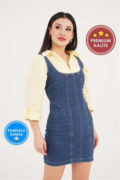 Comford Askılı Koyu Mavi Mini Kot Elbise
