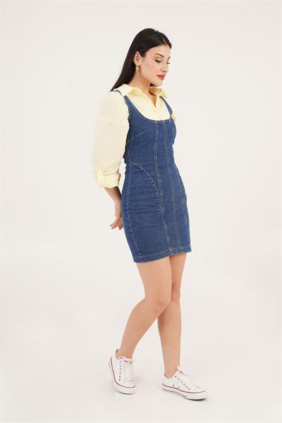 Comford Askılı Koyu Mavi Mini Kot Elbise