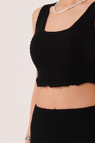 Crop Etek Siyah Triko Takım