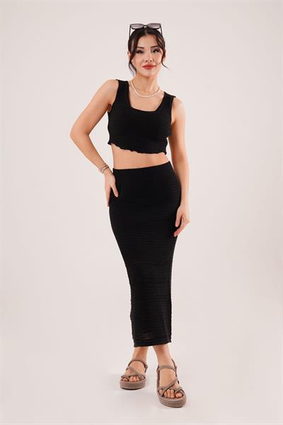 Crop Etek Siyah Triko Takım