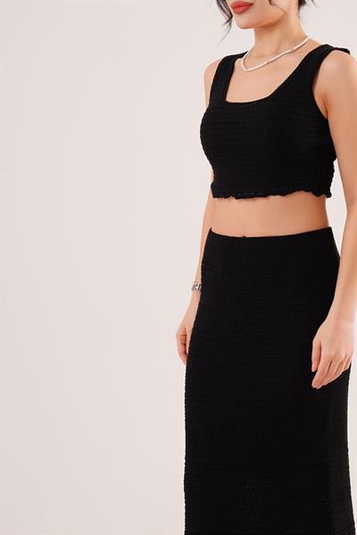 Crop Etek Siyah Triko Takım