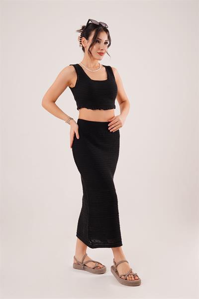 Crop Etek Siyah Triko Takım