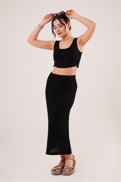 Crop Etek Siyah Triko Takım