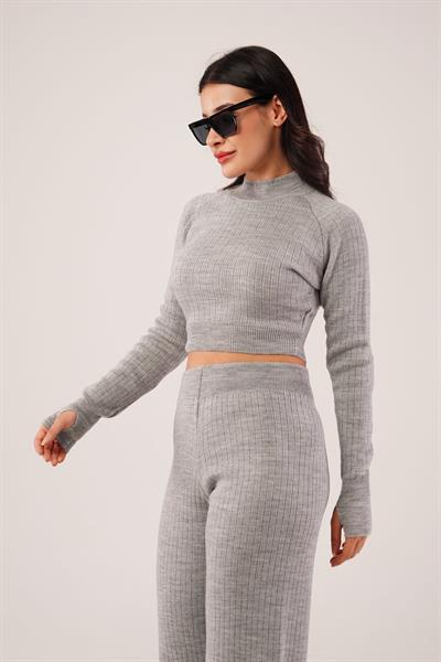 Kısa Model Gri Crop ve Pantolon Takımı