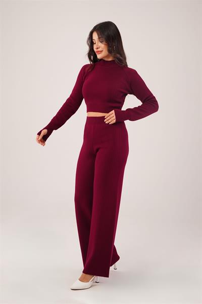 Kısa Model Bordo Crop ve Pantolon Takımı