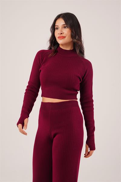 Kısa Model Bordo Crop ve Pantolon Takımı