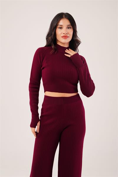Kısa Model Bordo Crop ve Pantolon Takımı