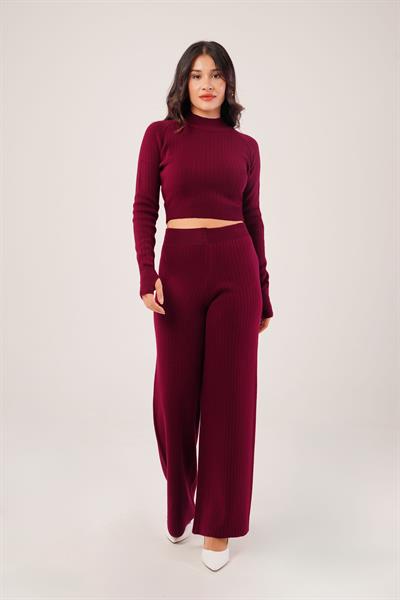 Kısa Model Bordo Crop ve Pantolon Takımı