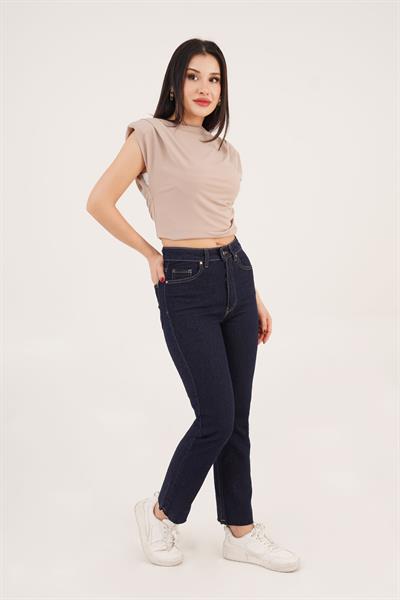 Cropped Yüksek Bel Koyu Mavi Mom Jean