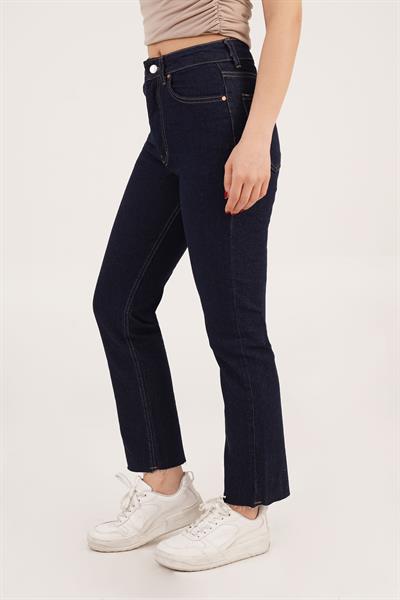 Cropped Yüksek Bel Koyu Mavi Mom Jean