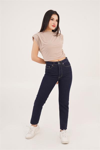 Cropped Yüksek Bel Koyu Mavi Mom Jean