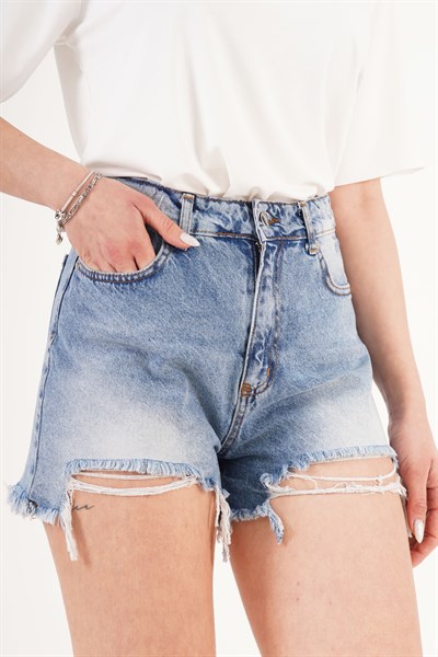 Curved Yüksel Bel Distressed Jean Şort