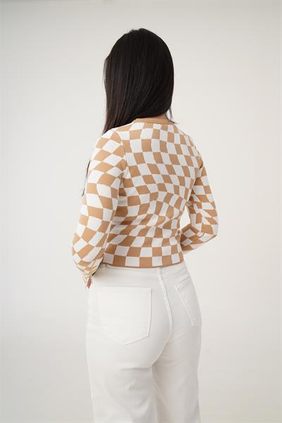 Dama Desenli Renkli Camel Örme Bluz