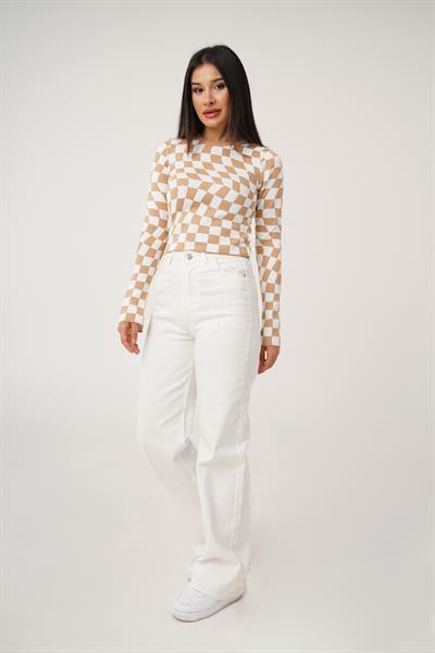 Dama Desenli Renkli Camel Örme Bluz