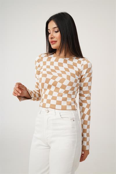 Dama Desenli Renkli Camel Örme Bluz