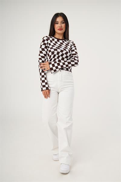 Dama Desenli Renkli Kahve Örme Bluz