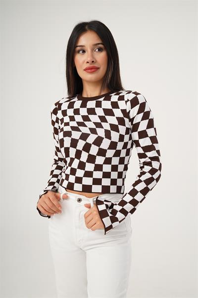 Dama Desenli Renkli Kahve Örme Bluz